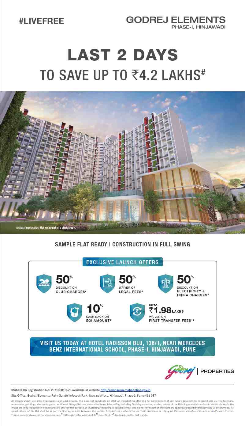 Book a 2 BHK home at Rs.72 lakhs & save up to Rs.4.2 lakhs at Godrej Elements in Pune
